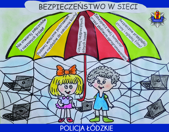 Pod kolorowa parasolka dwoje dzieci. Z tyłu sieć. Napisy Bezpieczeństwo w sieci, Policja Łódzkie