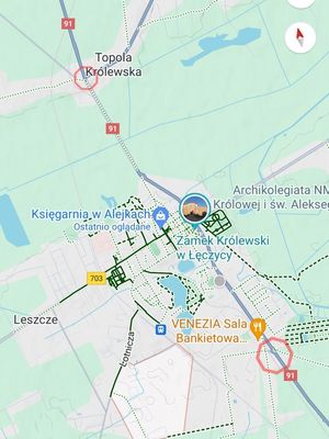 Mapa terenu powiatu łęczyckiego z uwzględnieniem na czerwono miejsc blokowania, protestów.