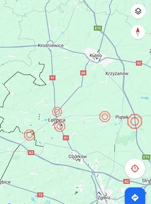 Mapa przedstawiająca wszystkie miejsca zgromadzeń na drogach powiatu łęczyckiego.