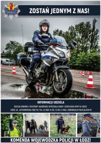 Plakat z policjantem na motocyklu.