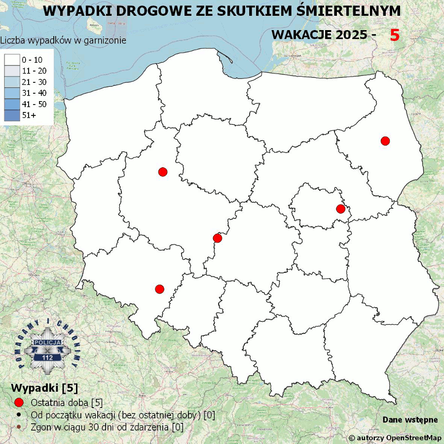 Mapa prezentująca liczbę wypadków poprzedniej doby w Polsce. Prezentowane dane są dostępne w tekście poniżej.