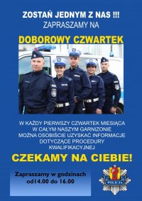 plakat z wizerunkiem czterech policjantów w mundurach.