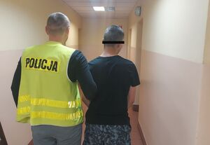 Policjanty w kamizelce odblaskowej z napisem POLICJA stoi tyłem z podejrzanym.