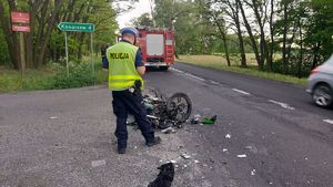 Policjant w kamizelce z napisem POLICJA podczas oględzin miejsca zdarzenia. W tle droga, samochód straży pożarnej .