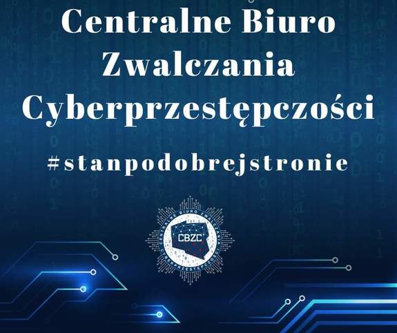 Na niebieskim tle napis Centralne Biuro Zwalczania Cyberprzestępczości stanpodobrejstronie