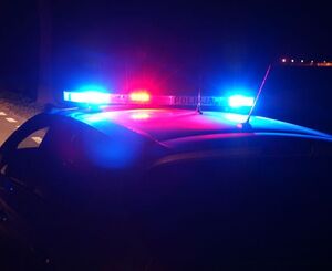 Radiowóz z włączonymi światłami nocą na drodze.