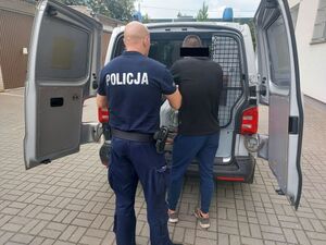 Policjant osadza zatrzymanego w radiowozie.