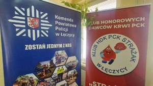 Logo graficzne klubu honorowych dawców krwi i logo policji łęczyckiej.