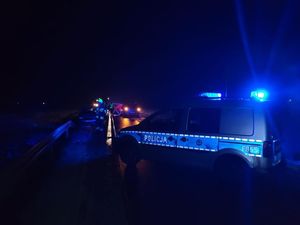 Służby ratunkowe na miejscu zdarzenia drogowego. Pora nocna.