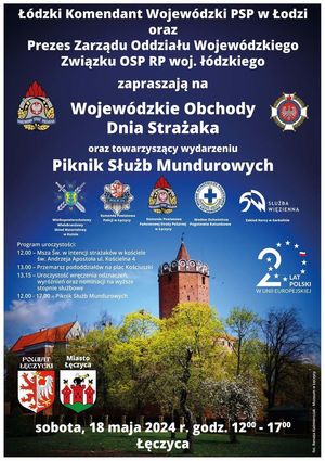 Tło plakatu to krajobraz z zamkiem w Łęczycy i terenem zielnym. Treści w kolorze białym, grafiki służb mundurowych.