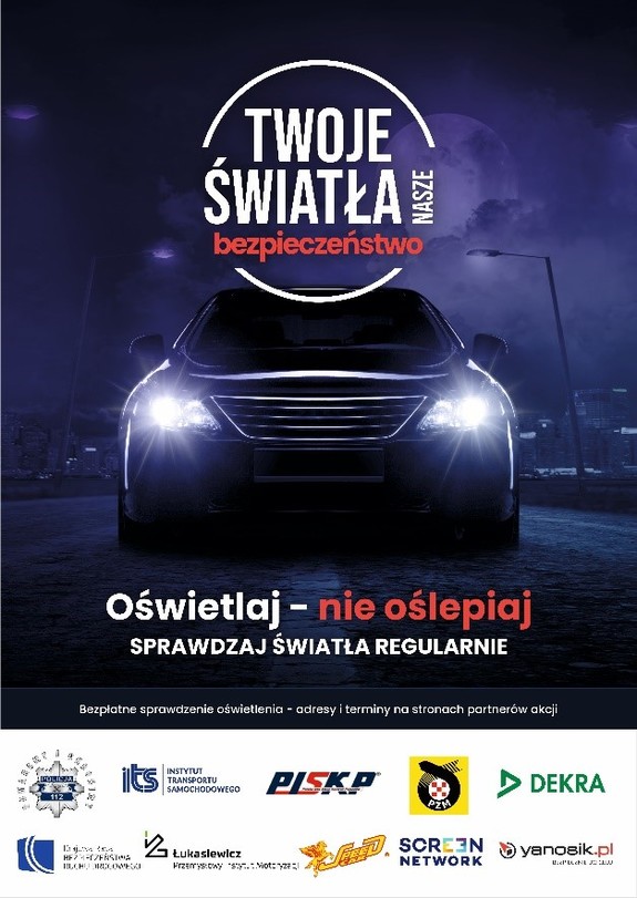 Na granatowym tle grafika pojazdu z włączonymi światłami oraz napis „Twoje Światła – Nasze Bezpieczeństwo”.