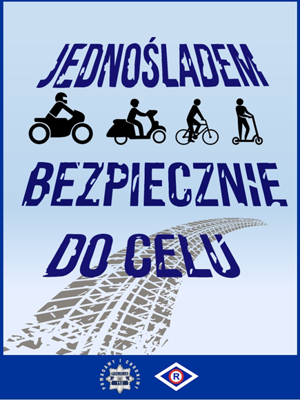 Napis JEDNOŚLADEM BEZPIECZNIE DO CELU. Grafika czarna roweru, motocykla.