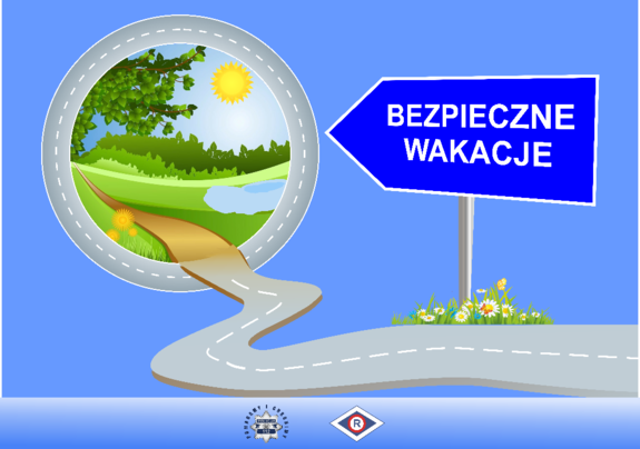 Na niebieskim tle grafika drogi i napis bezpieczne wakacje.