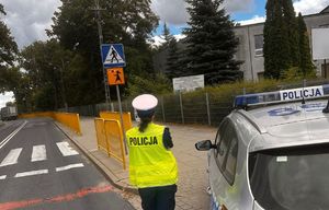 POLICJANT OBOK RADIOWOZU W REJONIE PRZEJŚCIA DLA PIESZYCH.