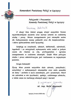 List z Życzeniami Komendanta Powiatowego.