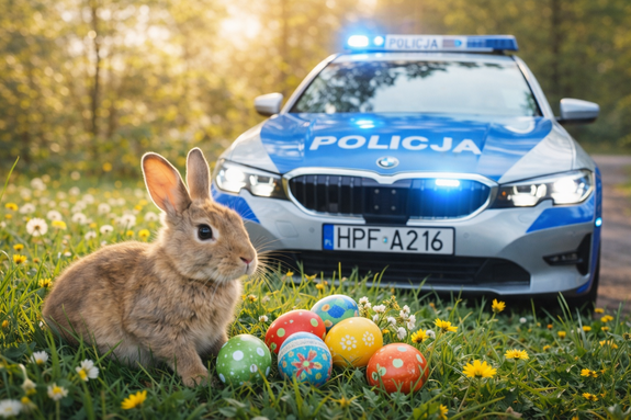 W tle radiowóz, motyw świąteczny.