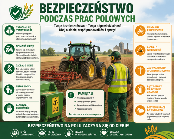 Kolorowa grafika z ciągnikiem rolniczym i mężczyzną.