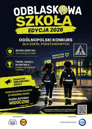 Kolorowa grafika z napisami i postaciami uczniów.