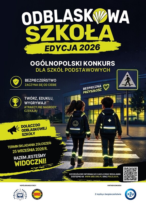 Kolorowa grafika z napisami i postaciami uczniów.