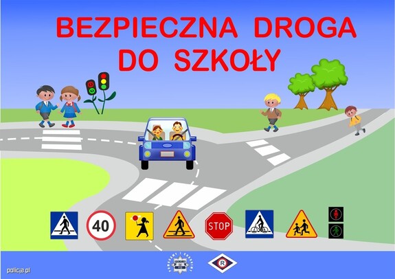 kolorowa grafika ze znakmi, samochodem i postaciami.
