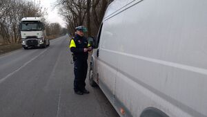 Policjant podczas kontroli dostwczaka.