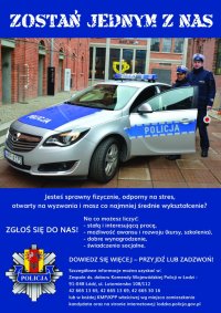 Kolorowy plakat z wizerunkiem policjanta obok radiowozu.