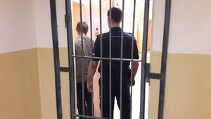 Policjant z zatrzymanym za kratą.