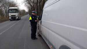 Policjant kontroluje dostawcze auto.